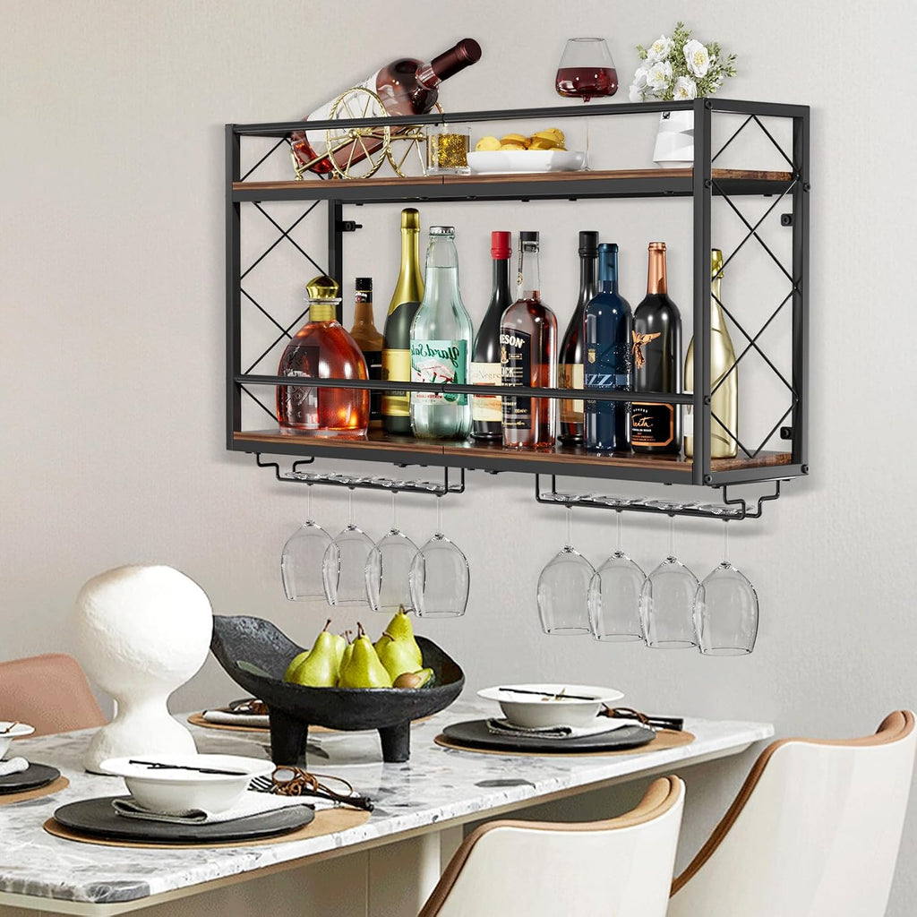 Wine Rack Wall Mounted 2 Tier Wall Wine Rack With Glass Holder, Double Layer Anti-Drop Crossbar, 31.5" Metal Wood Wall Mount Wine Holder For Home Kitchen Dining Room Coffee Shop Bar, Black