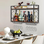 Wine Rack Wall Mounted 2 Tier Wall Wine Rack With Glass Holder, Double Layer Anti-Drop Crossbar, 31.5" Metal Wood Wall Mount Wine Holder For Home Kitchen Dining Room Coffee Shop Bar, Black