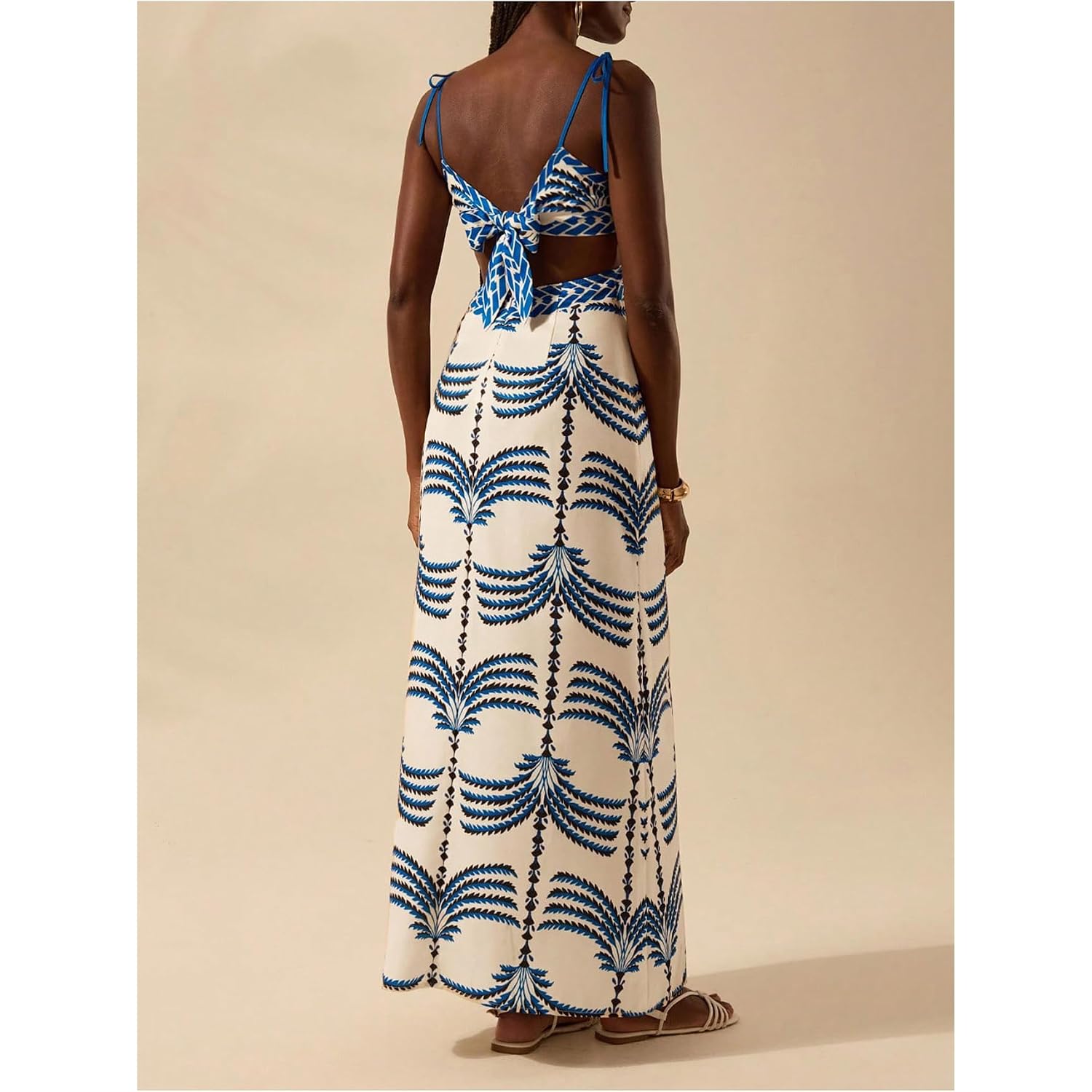 Soly Hux Women'S Summer Maxi Dress Boho Print Tie Shoulder Spaghetti Strap Cut Out Tie Back Cami Dresses Sundress