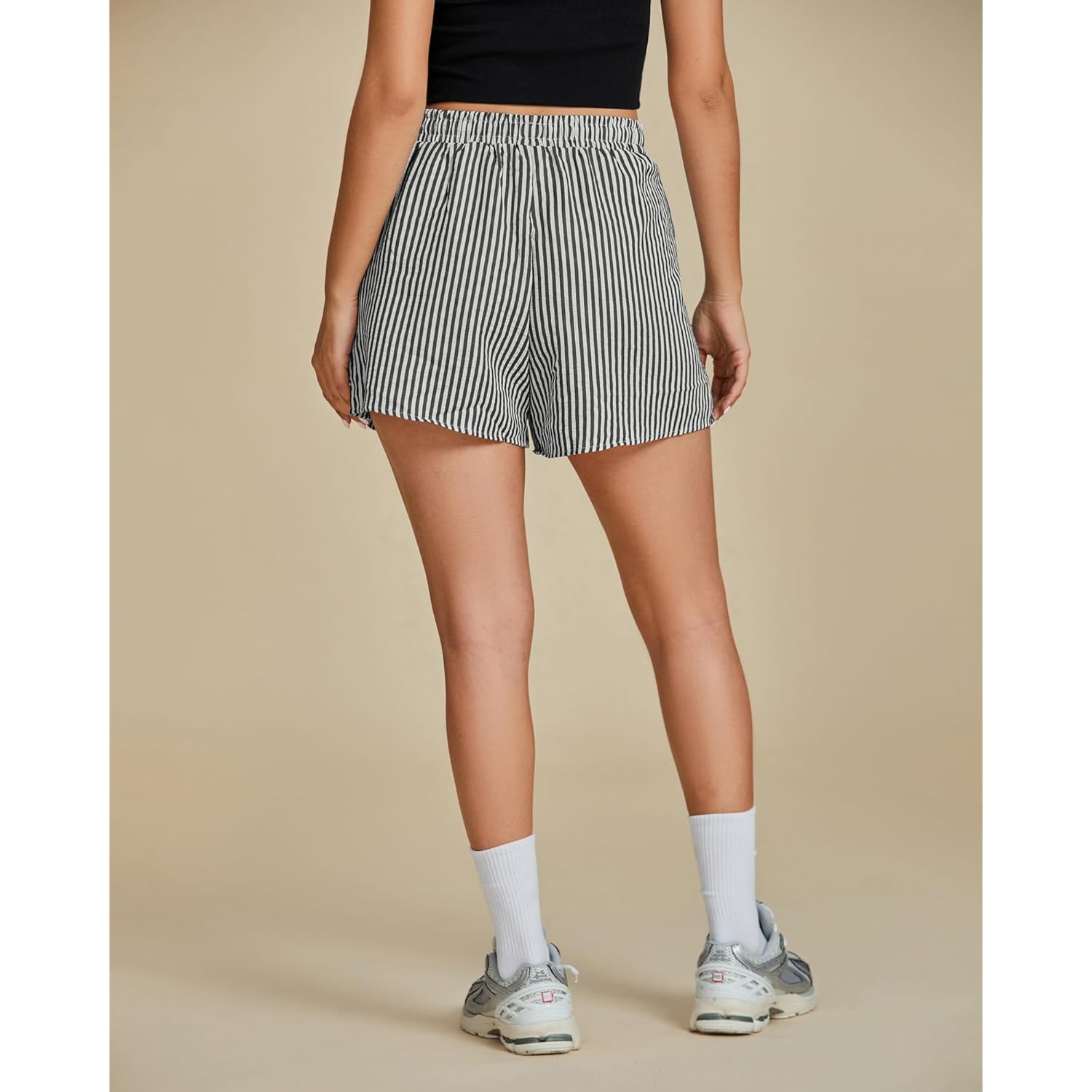 Striped Shorts for Women High Waisted Beach Casual Drawstring Pull On Elastic Waist Summer Shorts with Pockets