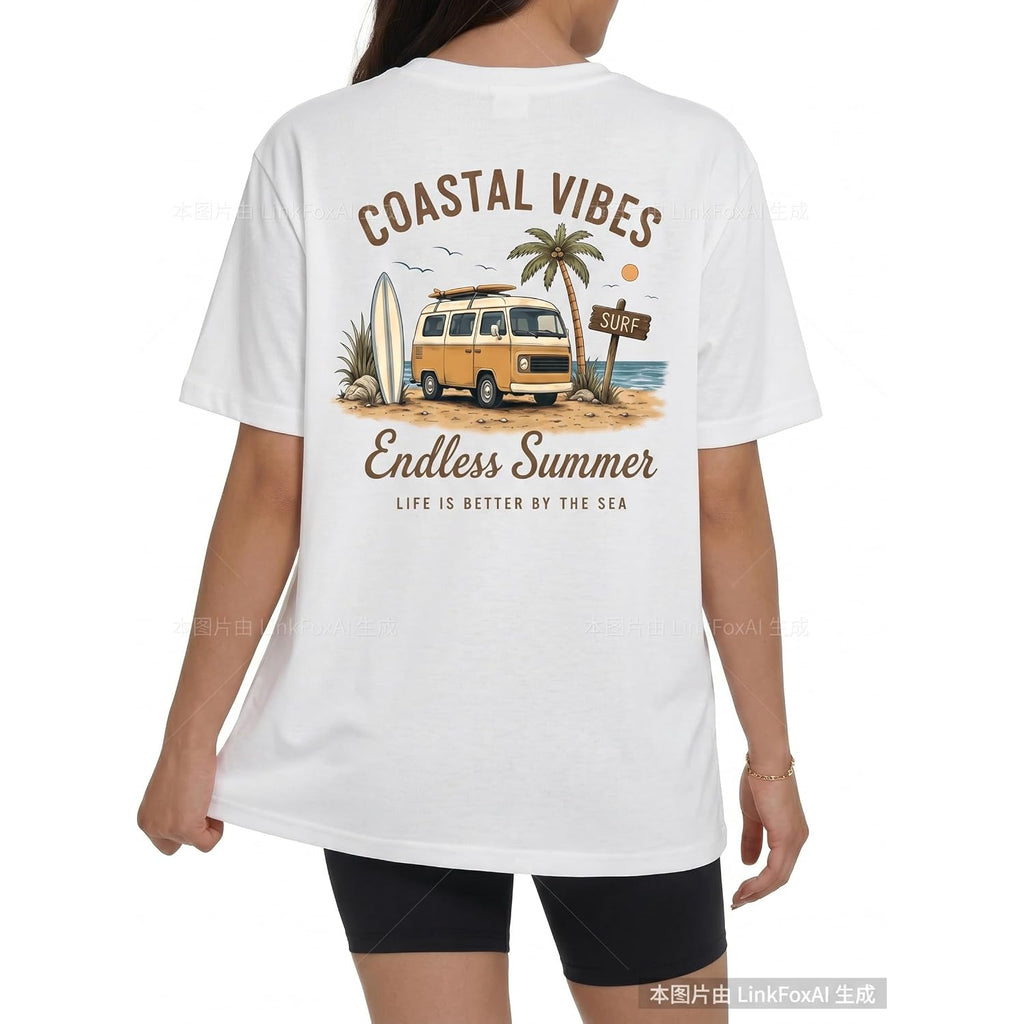 Aiyino Womens Oversized Graphic Tee 100% Cotton California Beach Graphic Shirt Loose Fit Casual Summer Top Tan Obx