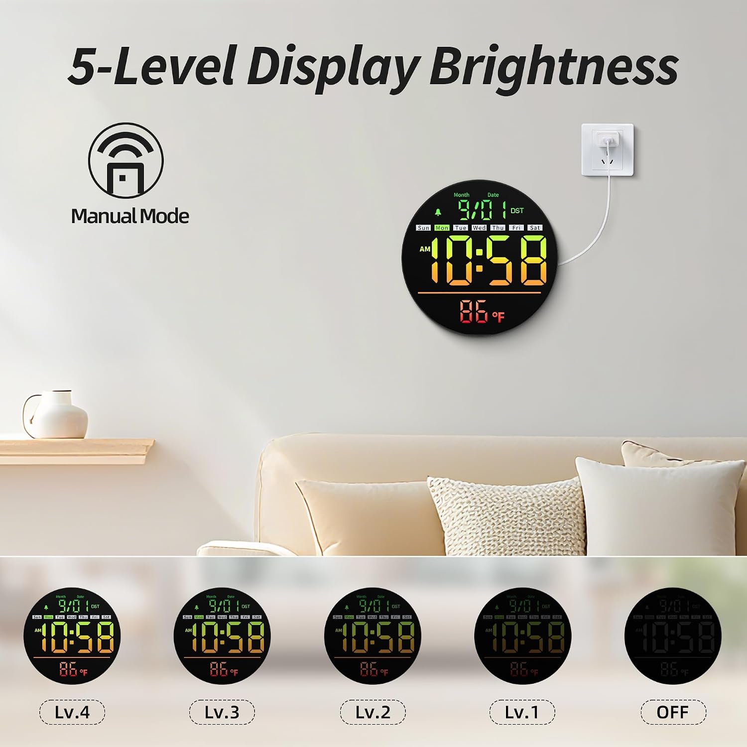 Maxstar Led Digital Wall Clock With Timer, Seconds, Temperature, Date, Dst, Nightlight, Rgb Color, Alarm Clock, 5-Level Display Brightness, Digital Clock Timer For Classroom, Bedroom, Garage, Gym