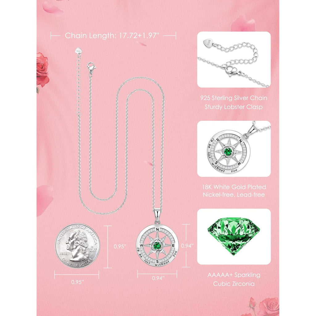 Meeshi Silver Compass Necklace for Women Birthday Gifts for Wife Anniversary Necklace for Women Rose Flower Birthstone Necklaces for Wife Jewelry for Womens Girlfriend Mom Daughter