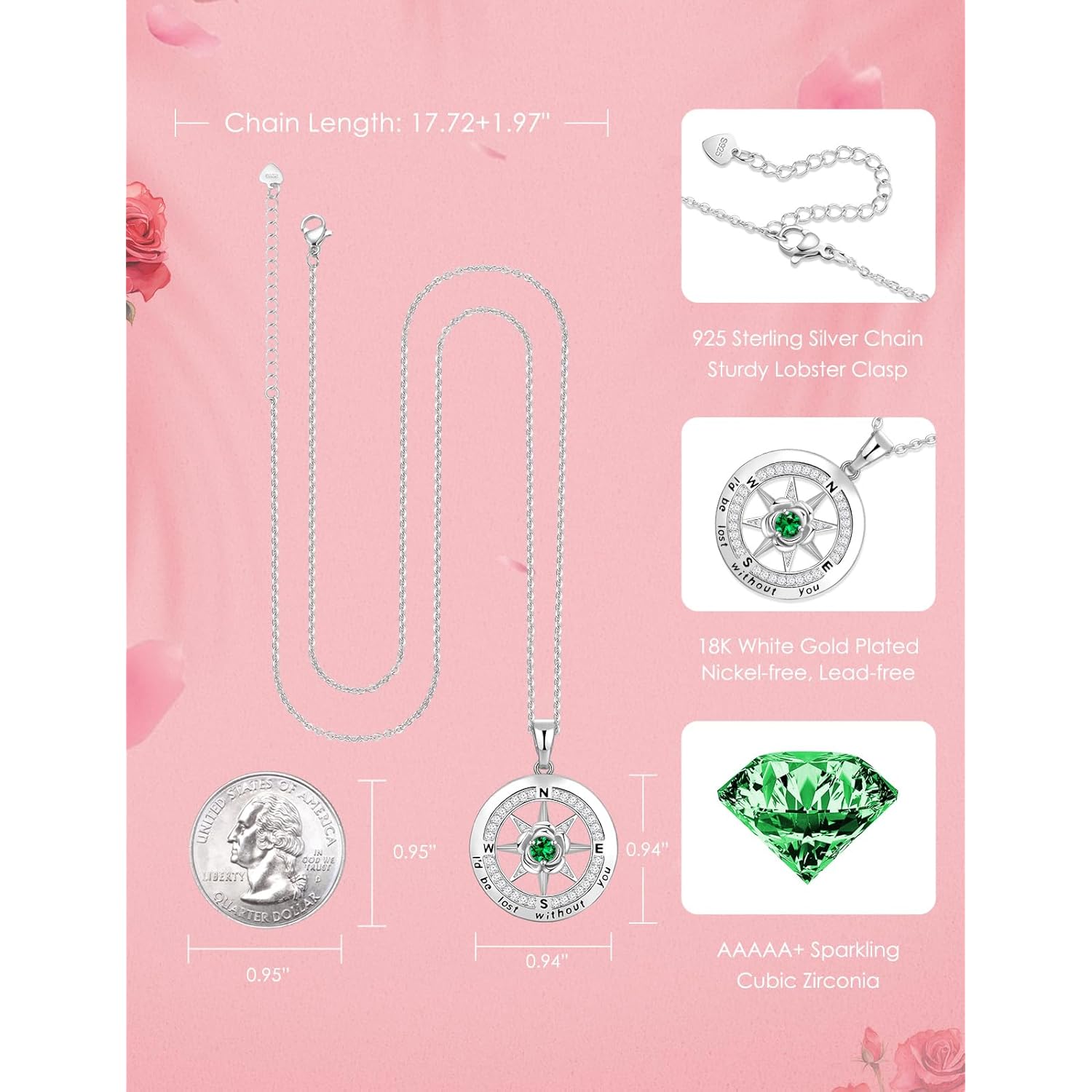 Meeshi Silver Compass Necklace for Women Birthday Gifts for Wife Anniversary Necklace for Women Rose Flower Birthstone Necklaces for Wife Jewelry for Womens Girlfriend Mom Daughter