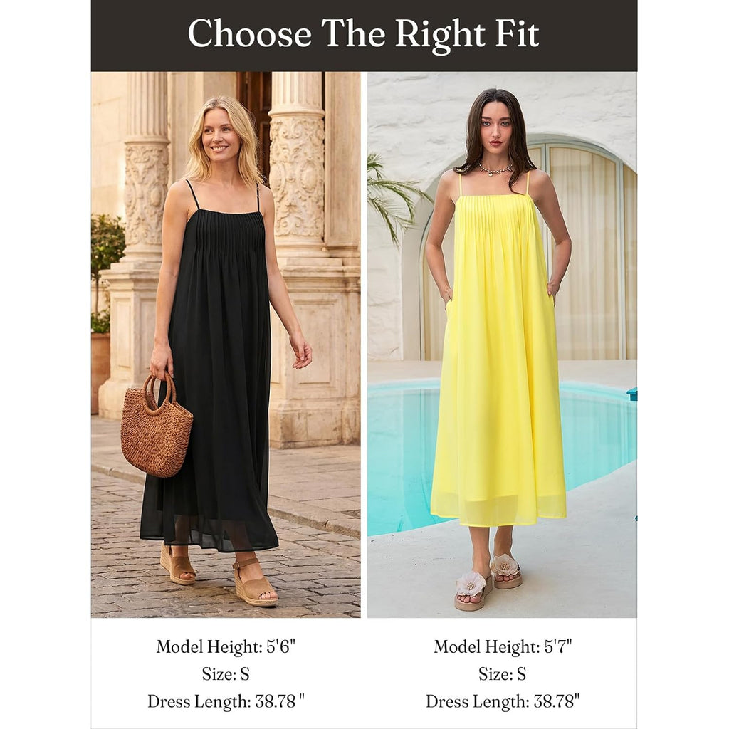 Wenrine Women'S Summer Boho Maxi Dresses Spaghetti Straps Chiffon Casual Sundress Beach Vacation Long Dress With Pockets
