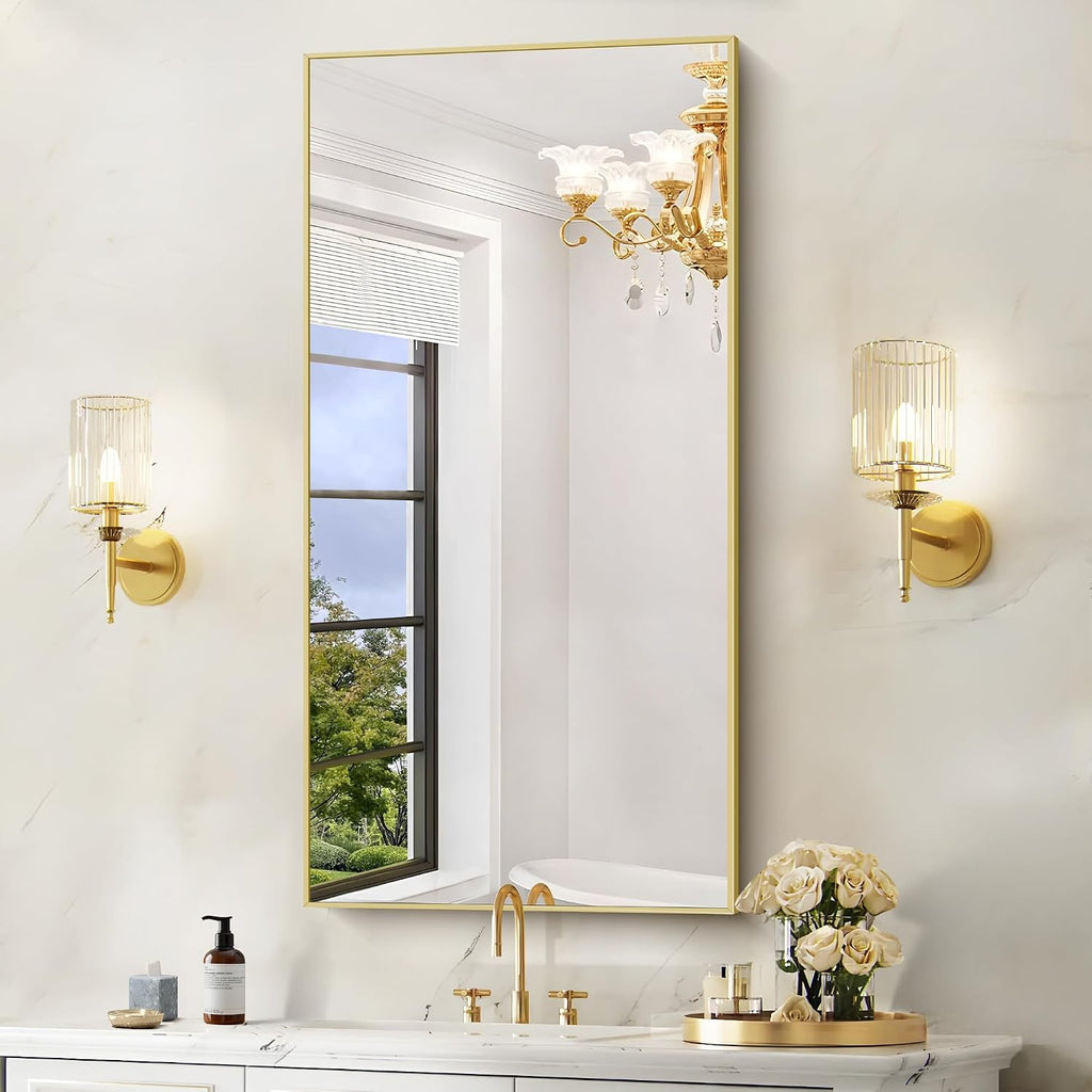 Cofeny 48X24In Gold Bathroom Mirror For Wall, Brushed Gold Rectangle Mirrors With Metal Frame, Bathroom Rectangular Mirror Modern Wall Mirror For Bedroom Living Room, Hangs Horizontal Or Vertical