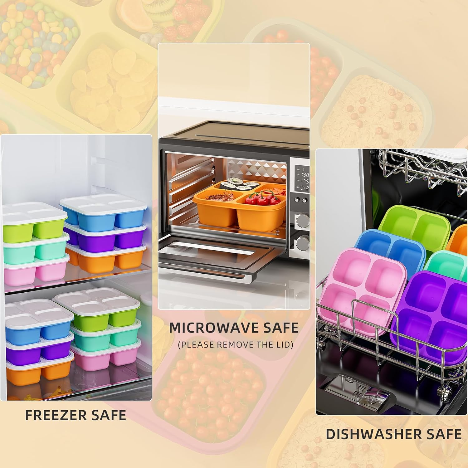 6 Pcs Bento Snack Containers, Reusable 4 Compartment Food Storage Container With Lids, Divided Lunchable Container, Freezer, Microwave & Dishwasher Safe (6 Color)