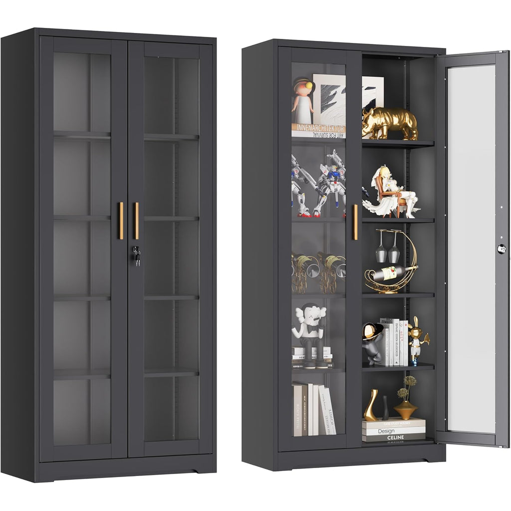 Lockable Display Cabinet With Glass Doors, Curio Cabinets With 4 Adjustable Shelves, Liquor Bookcase Bookshelf With Doors, Metal Storage Cabinet For Living Room Pantry, Black