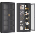 Lockable Display Cabinet With Glass Doors, Curio Cabinets With 4 Adjustable Shelves, Liquor Bookcase Bookshelf With Doors, Metal Storage Cabinet For Living Room Pantry, Black