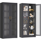 Lockable Display Cabinet With Glass Doors, Curio Cabinets With 4 Adjustable Shelves, Liquor Bookcase Bookshelf With Doors, Metal Storage Cabinet For Living Room Pantry, Black