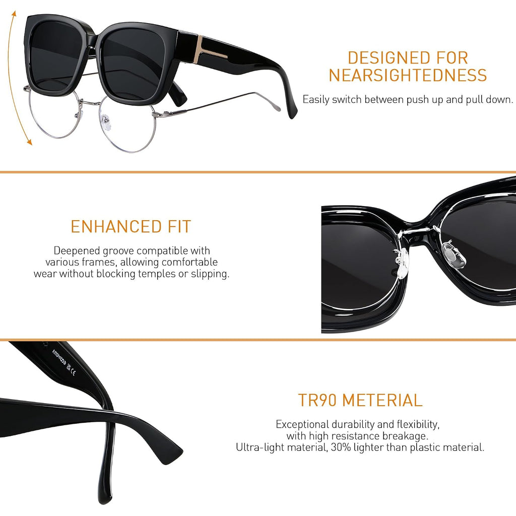 Polarized Sunglasses Fit Over Glasses for Women Men Oversized Square Shades UV400 Protection (3pack) Black + Pattern + Brown Grading