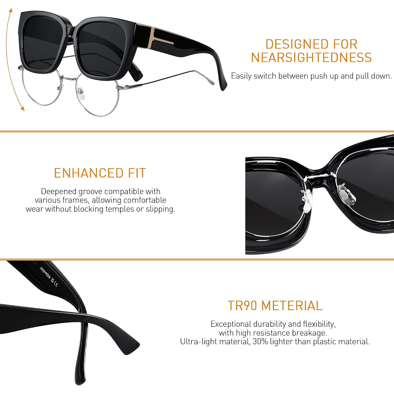 Polarized Sunglasses Fit Over Glasses for Women Men Oversized Square Shades UV400 Protection (3pack) Black + Pattern + Brown Grading