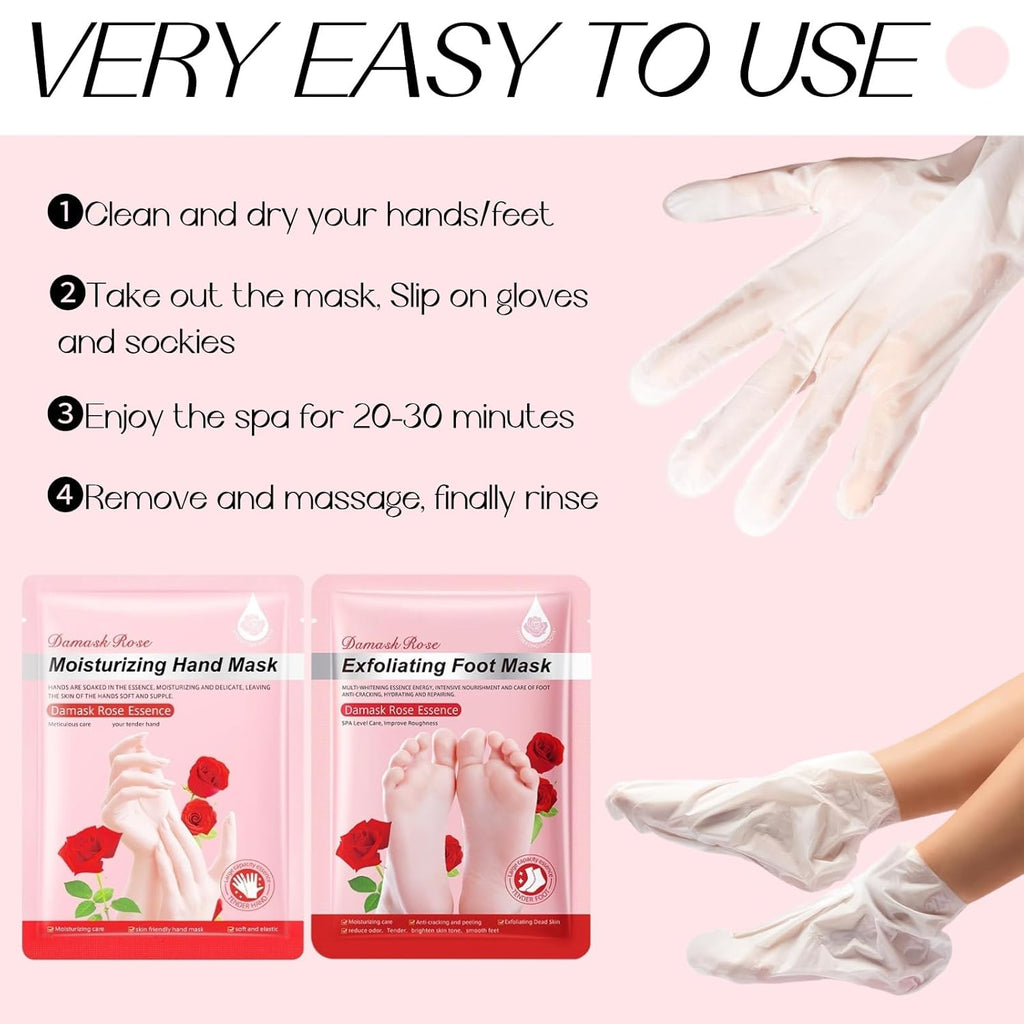 12 Pack Moisturizing Exfoliating hand & foot masks, Deep Hydrate Dry, Cracked Skin, sel care gift for women and men, 6 Pairs Gloves & 6 Socks (Rose Hand & Foot masks(12 Pack))