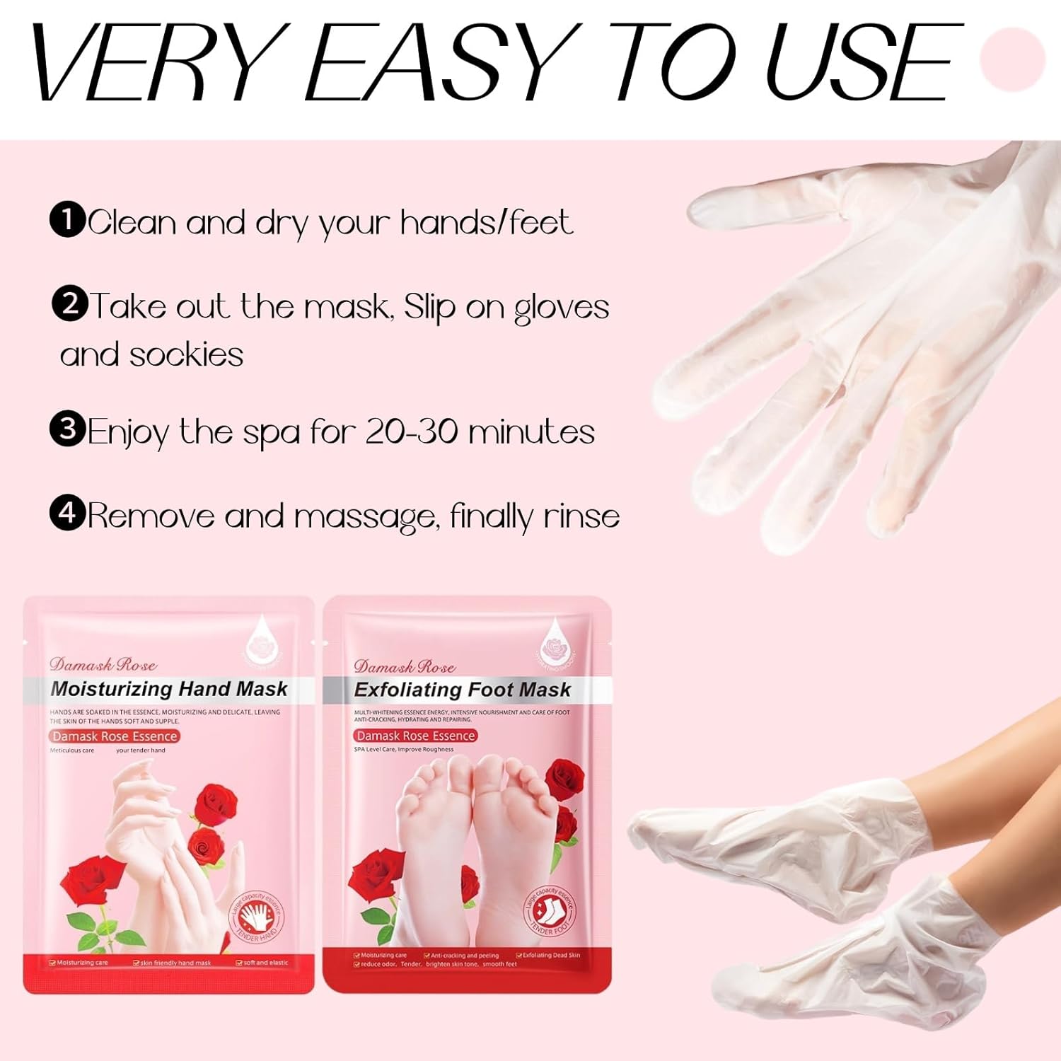 12 Pack Moisturizing Exfoliating hand & foot masks, Deep Hydrate Dry, Cracked Skin, sel care gift for women and men, 6 Pairs Gloves & 6 Socks (Rose Hand & Foot masks(12 Pack))