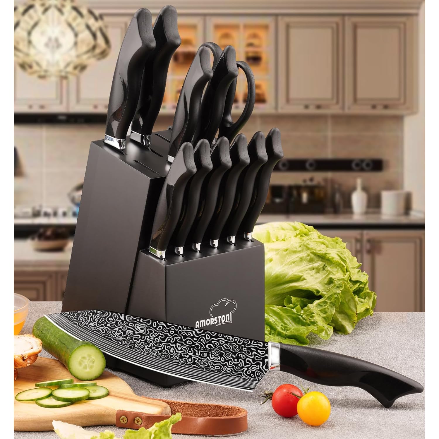Knife Set, 15 Pieces Kitchen Knife Set with Built in Sharpener, High Carbon German Stainless Steel Knife Block Set, Dishwasher Safe, Mothers Day Gifts