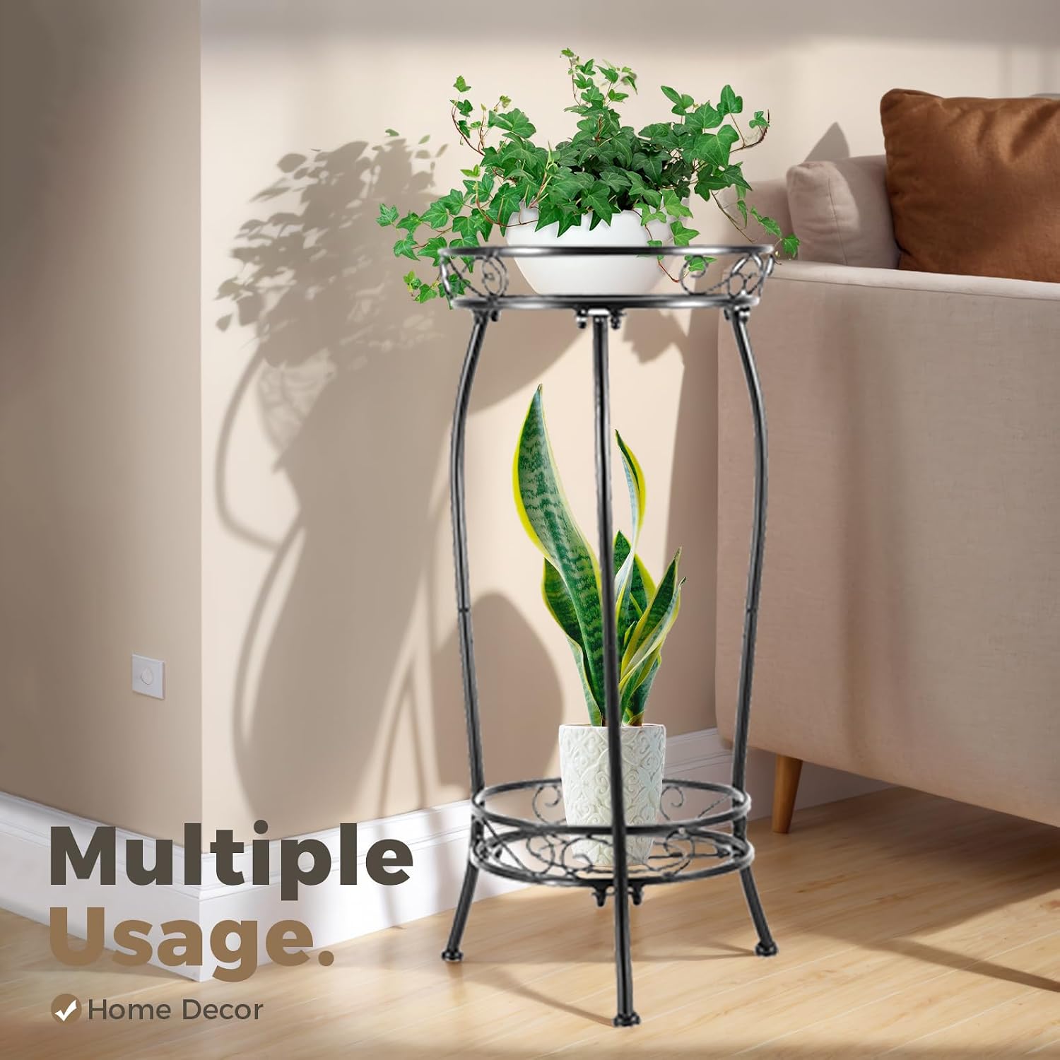 Kavlium Plant Stand Indoor Outdoor, Tall Black Metal, 2 Tier 27.1 Inch | Rustproof Metal, Stable 3-Leg Base, Heavy Duty 100 Lb Capacity, Multiple Plant Rack Holder, Indoor Outdoor Decor