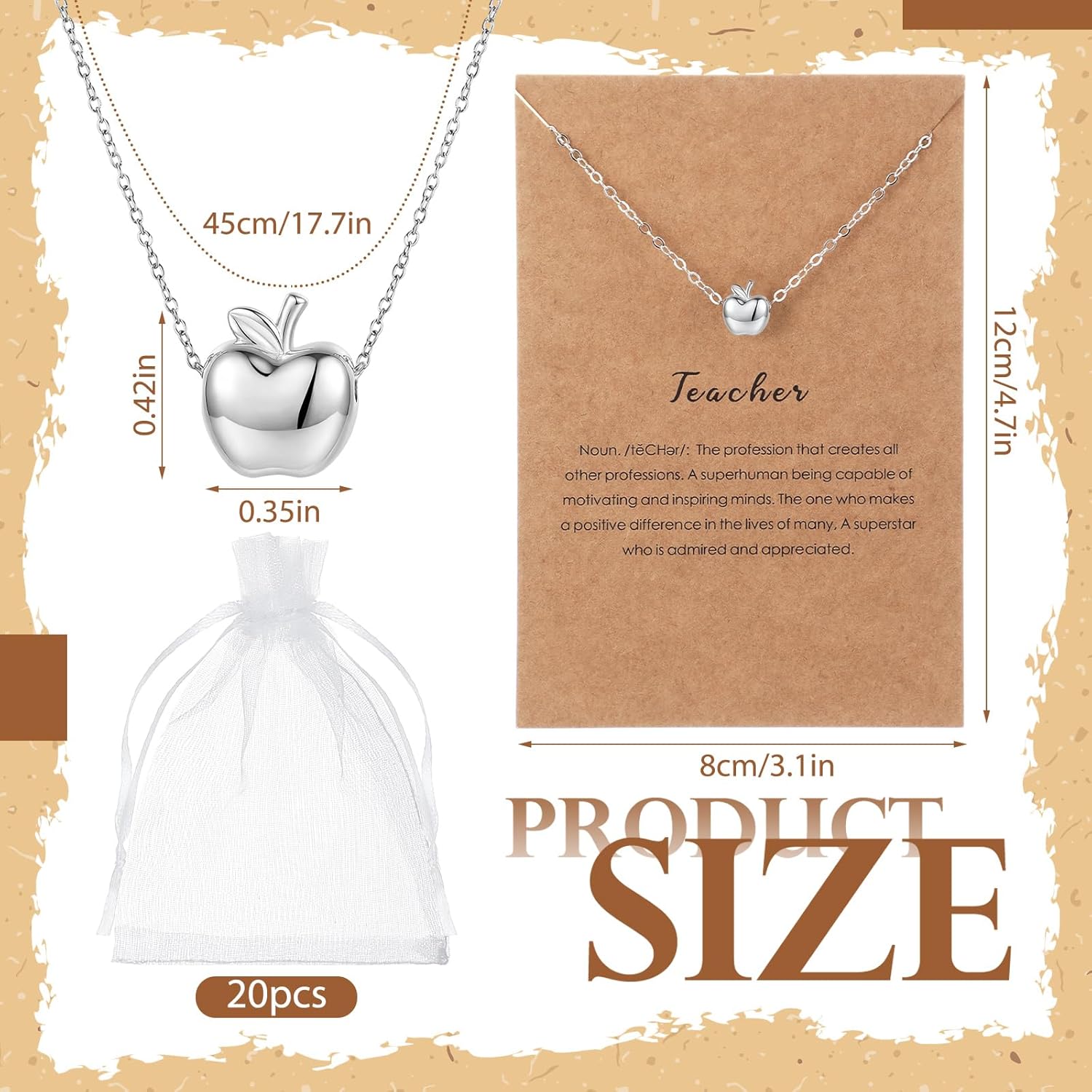 20 Sets Teacher Appreciation Gifts for Women Bulk Silver Apple Necklace Dainty Thank You Gifts Teacher Appreciation Week Graduation Party Favors with Card and Organza Bags(Silver)