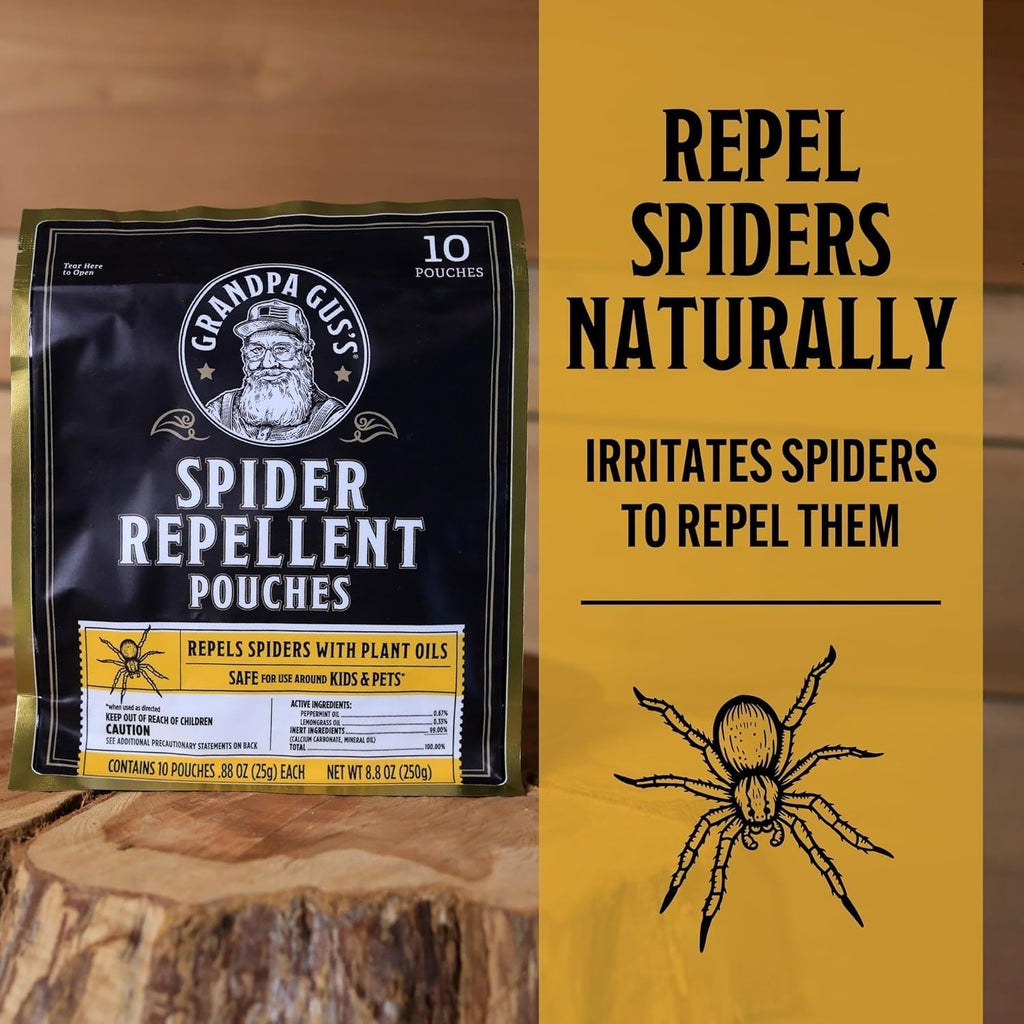 Grandpa Gus'S Natural Spider Repellent Pouches, Indoor Deterrent, 10 Pack | Peppermint & Lemongrass Oil Indoor Spider Deterrent, Wolf Spider Repellent, For Closet, Basement, Cabin, Shed, Garage