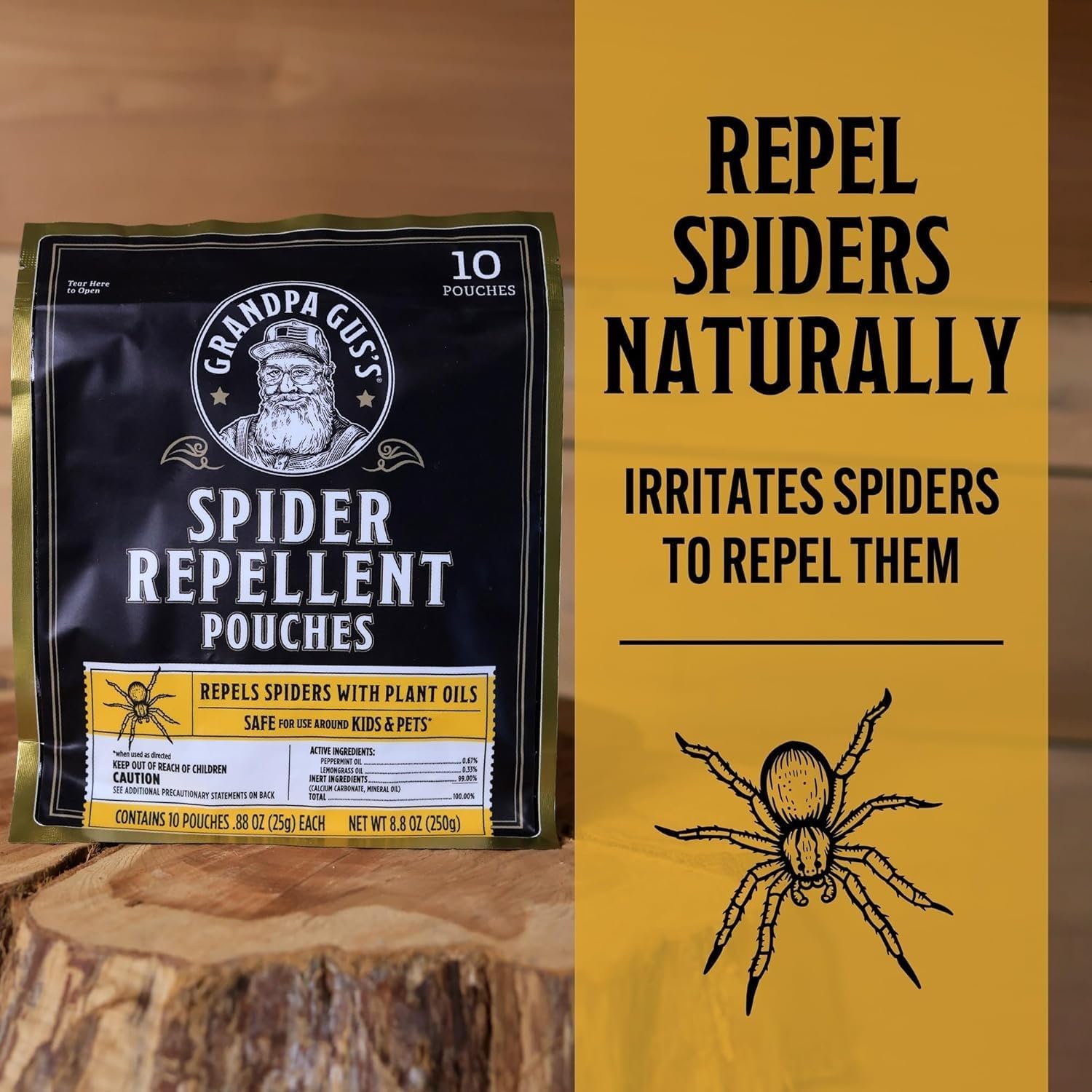 Grandpa Gus'S Natural Spider Repellent Pouches, Indoor Deterrent, 10 Pack | Peppermint & Lemongrass Oil Indoor Spider Deterrent, Wolf Spider Repellent, For Closet, Basement, Cabin, Shed, Garage