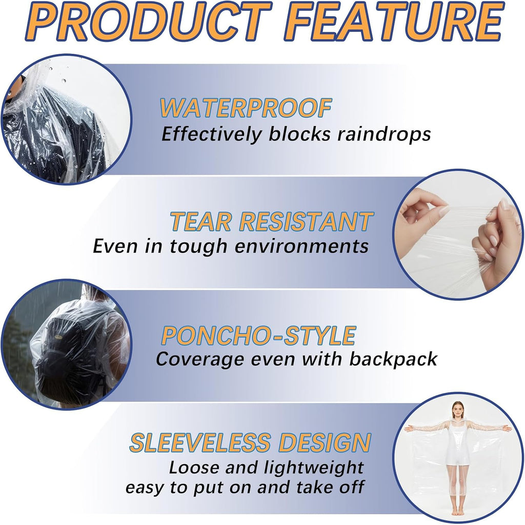 30 Pack Disposable Rain Ponchos For Adults, Emergency Clear Poncho With Hood Waterproof Bulk Plastic Rain Coat Family Pack For Hiking, Camping, Travel