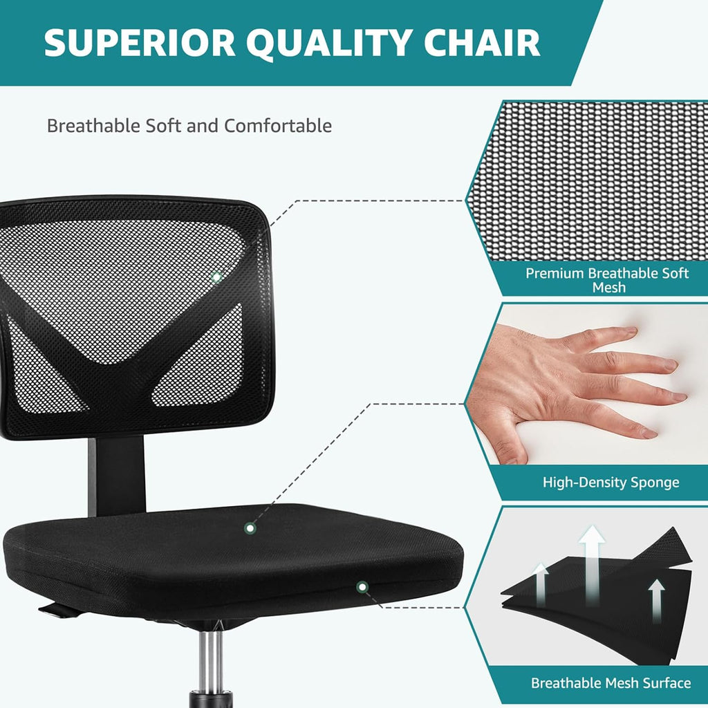 Olixis Armless Office Chair, Ergonomic Desk Chair With Wheels, Mesh Back, Removable Washable Foam Cushion, Height Adjustable Rolling Swivel Chairs For Small Space, Home, Office, Black