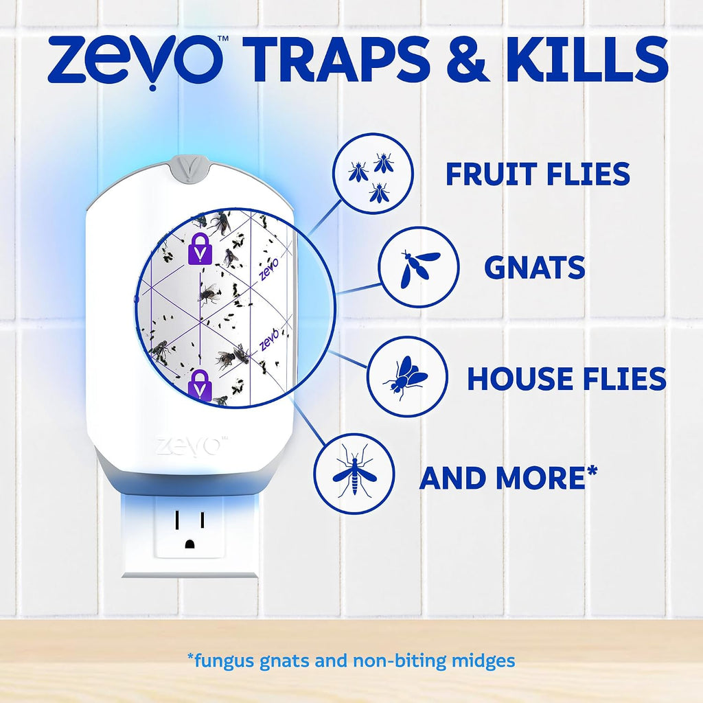 Zevo Flying Insect Trap - Plug-In Indoor Fly Trap And Bug Light Trap Refill With Blue And Uv Light - No-Mess Cartridge For House Flies, Fruit Fly Trap And Gnats (1 Plug-In Base And 1 Cartridge)