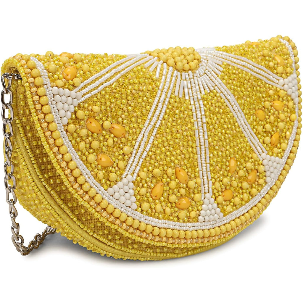 Longing To Buy Beaded Lemon Slice Clutch Purse, Yellow Evening Bag With Chain Strap, Novelty Fruit Design
