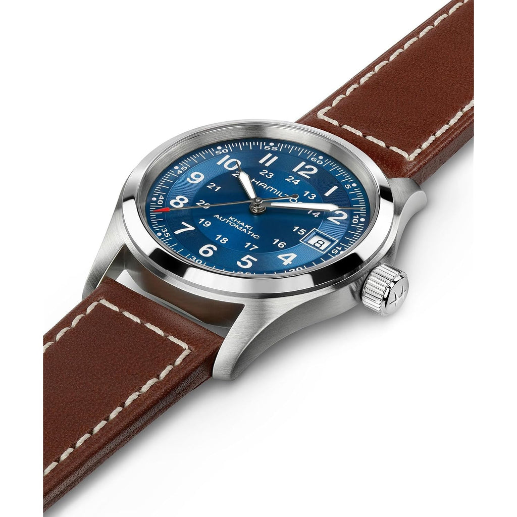 Hamilton Khaki Field Automatic Unisex Watch, 38Mm Stainless Steel Case, Swiss Made, Blue Dial Analog Wrist Watch Unisex 100 Meters Water Resitance, Sapphire Crystal, 3-Hand Movement, Leather Strap