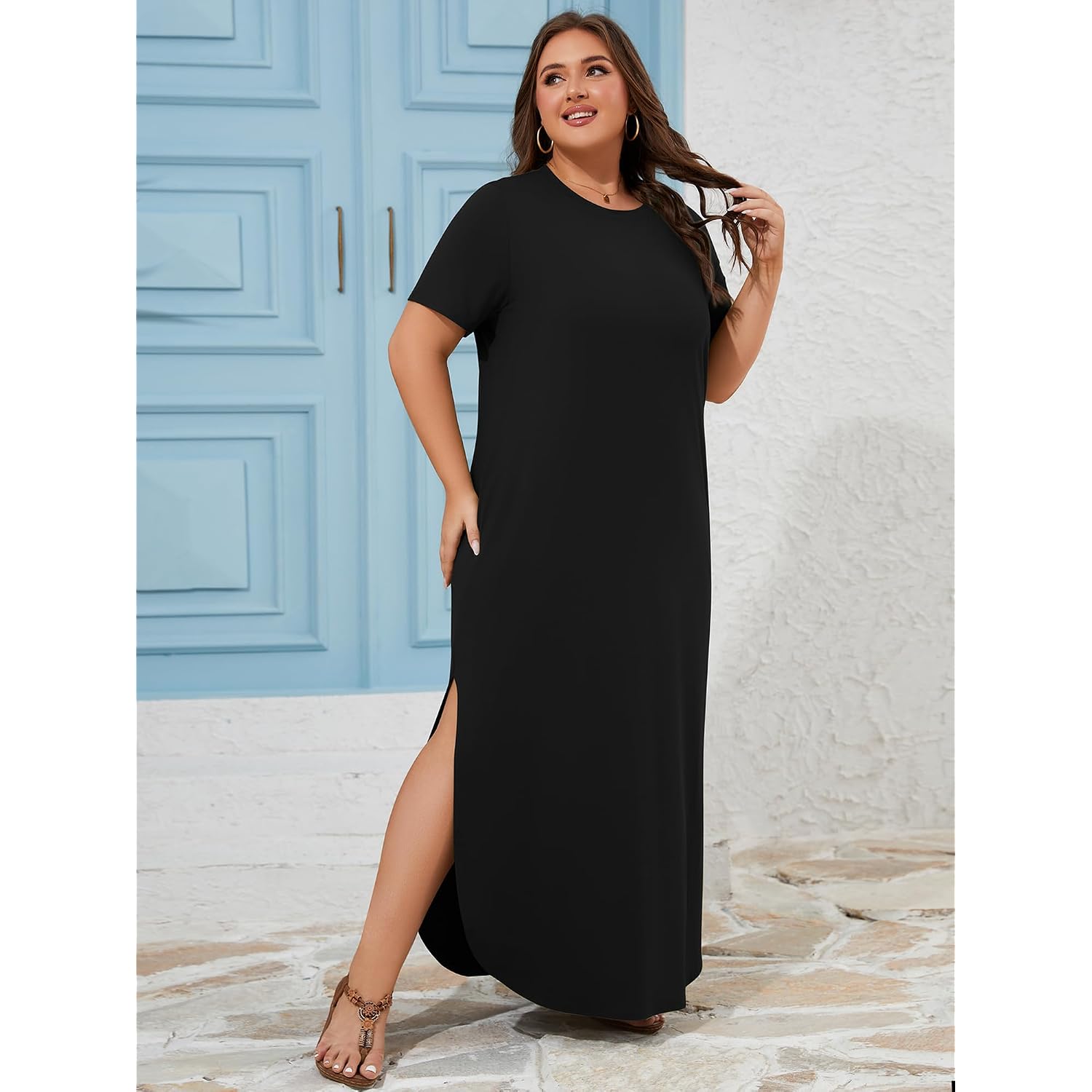 Auslook Plus Size Maxi Dresses For Women Summer Casual Long T Shirt Dress Crew Neck Flowy Beach Vacation Sundress With Pocket