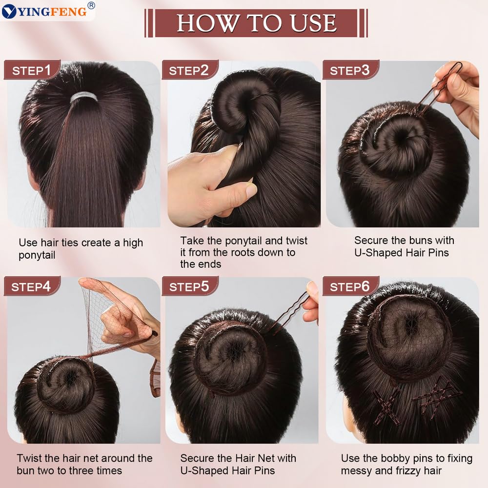 510Pcs Brown Bobby Pins Hair Pins Kit With Hair Net, Yingfeng Includes 100 Bobby Pins For Women, 100 U-Shaped Buns Hair Clips, 300 Hair Bands And 10 Brown Hair Nets, Dance Competition Must Haves