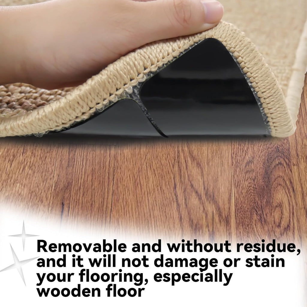 Rug Carpet Non Slip Grippers, Reusable Rug Tape Pads, No Damaging for Hardwood Floors, Strong Hold Carpet Corner Stickers for Area Rugs Flat, Removable, 8Pcs