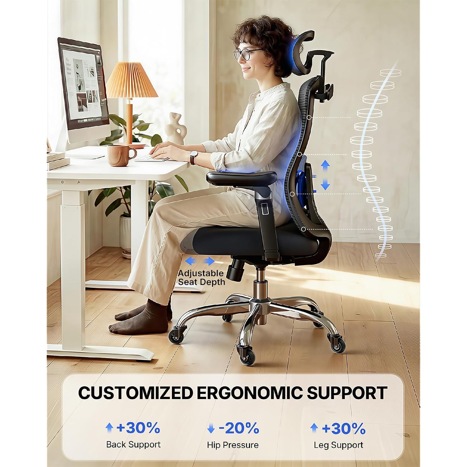 Huanuo Flowlift™ Ergonomic Office Chair With 6D Armrest, Seat Depth Adjustment, Lumbar Support, Quiet Rubber Caster, High Back Mesh Desk Chair With 3D Headrest, Big And Tall Chair For Home Office