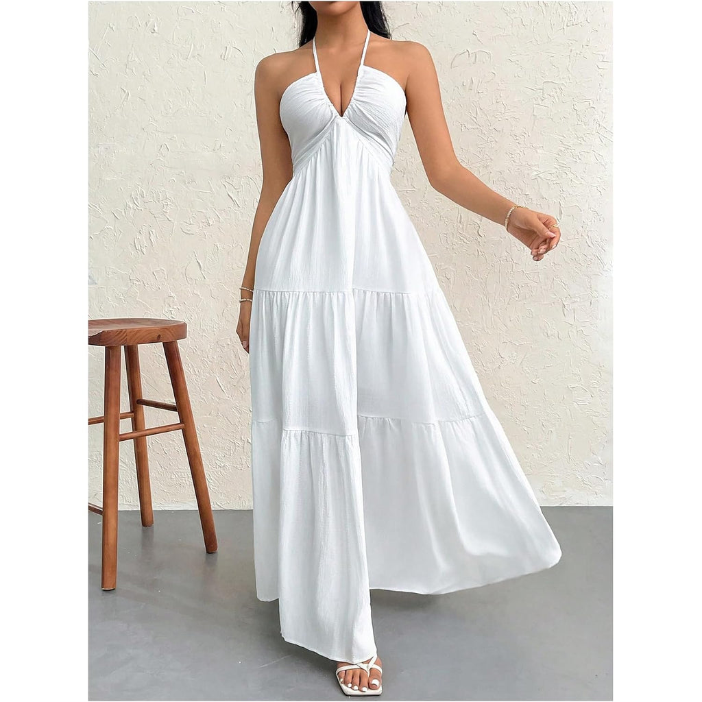 Shenhe Women'S Deep V Neck Tie Knot Backless Halter Dress A Line Flowy Ruffle Maxi Dress