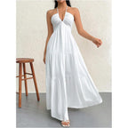 Shenhe Women'S Deep V Neck Tie Knot Backless Halter Dress A Line Flowy Ruffle Maxi Dress