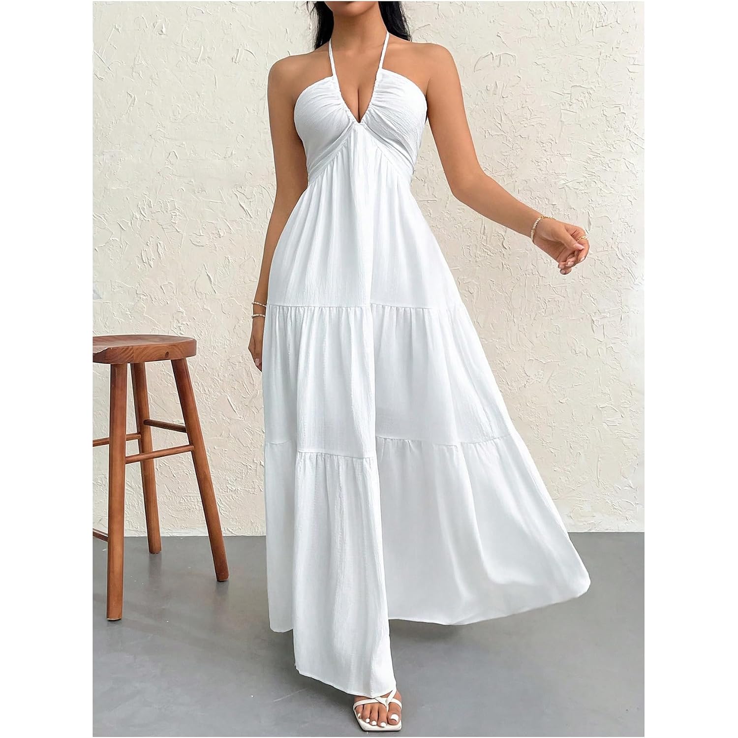 Shenhe Women'S Deep V Neck Tie Knot Backless Halter Dress A Line Flowy Ruffle Maxi Dress