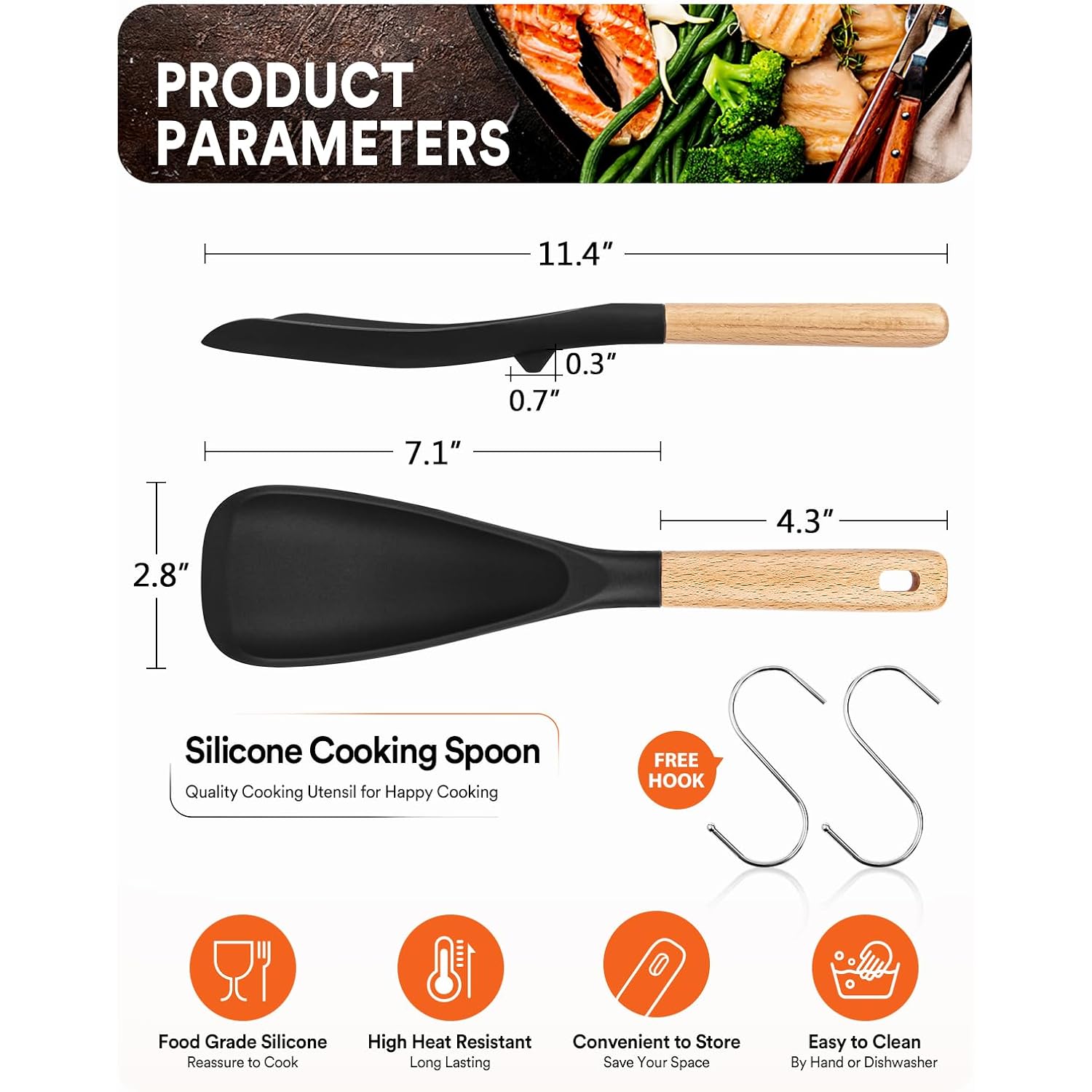 Cooking Spoon For Nonstick Cookwares, Great For Cooking And Serving Sturdy Bpa-Free Matte Silicone, Wood Handle Spoon For Mixing, Scoop, And Scrape (Black & Grey, 11.4 Inch)