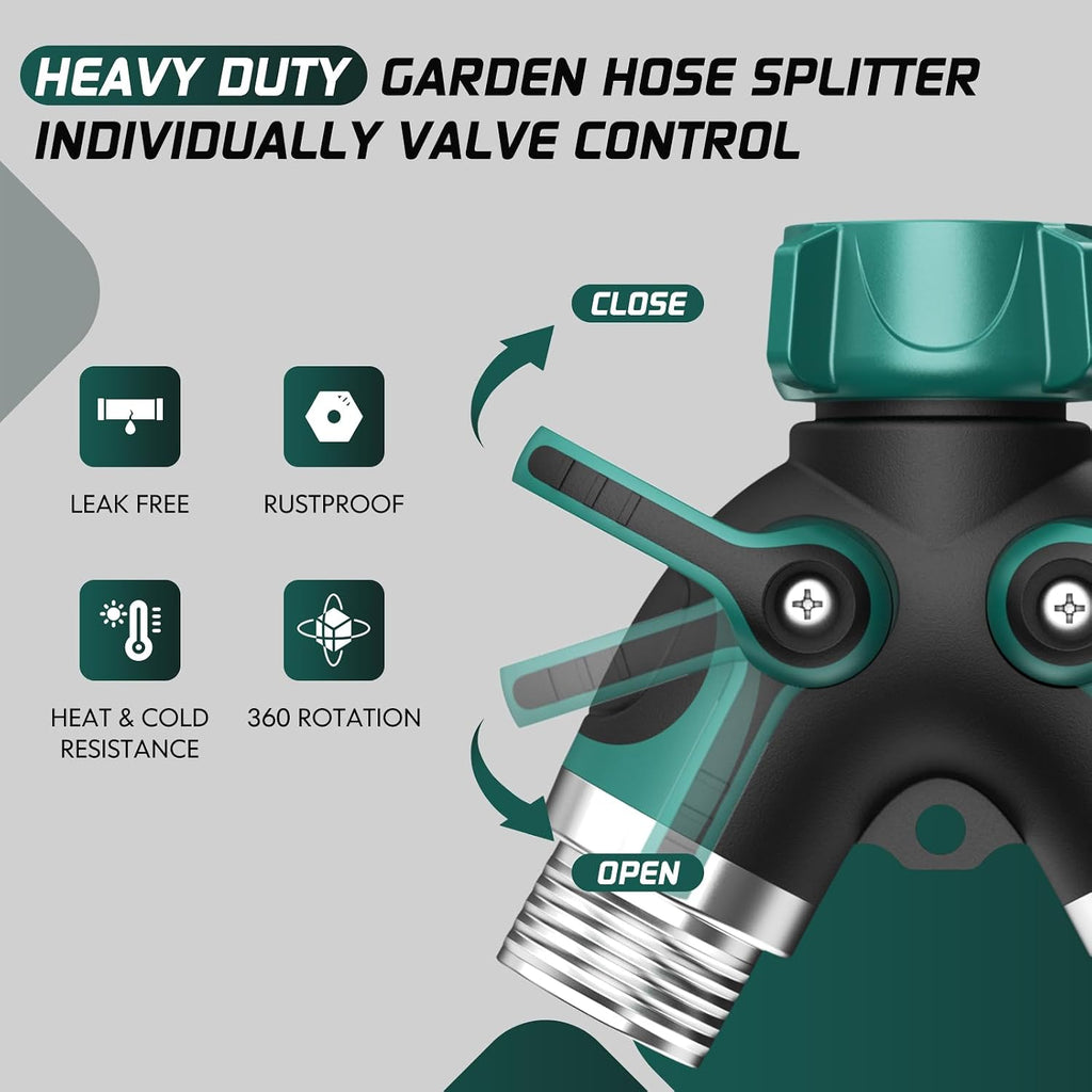 2 Way Garden Hose Splitter With Shut Off Valve,Water Spigot Splitter For 3/4" Hose Connector,Heavy Duty Metal Outdoor Faucet Splitter Y Connector For Garden Hose,With 3 Leakproof Washers & 1 Tape