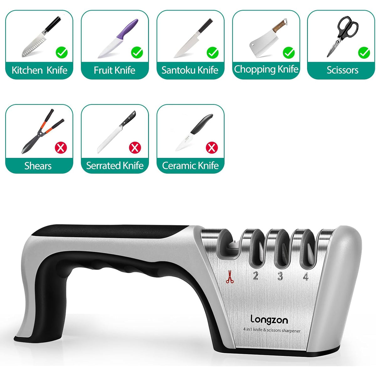 Longzon 5-In-1 Knife Sharpener 4 Stage With Cut-Resistant Glove, Quickly Sharpens & Restores Dull Blades, Easy & Safe For Home Kitchen Use, Fits Most Knives And Scissors, Black+Silver