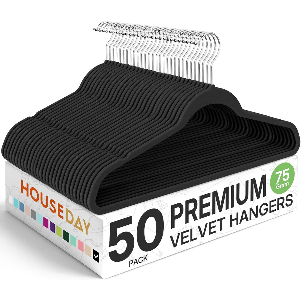 House Day Premium Velvet Hangers 50 Pack Black, Non-Slip Flocked Felt Hangers, Sturdy Clothes Hangers With 360° Rotatable Hook, Heavy Duty Coat Hanger, Durable Slim Hanger For Closet Space Saving