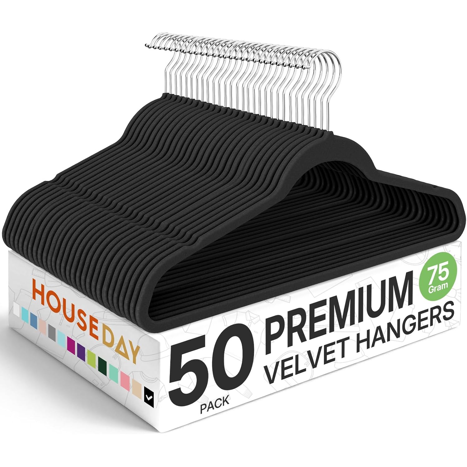 House Day Premium Velvet Hangers 50 Pack Black, Non-Slip Flocked Felt Hangers, Sturdy Clothes Hangers With 360° Rotatable Hook, Heavy Duty Coat Hanger, Durable Slim Hanger For Closet Space Saving