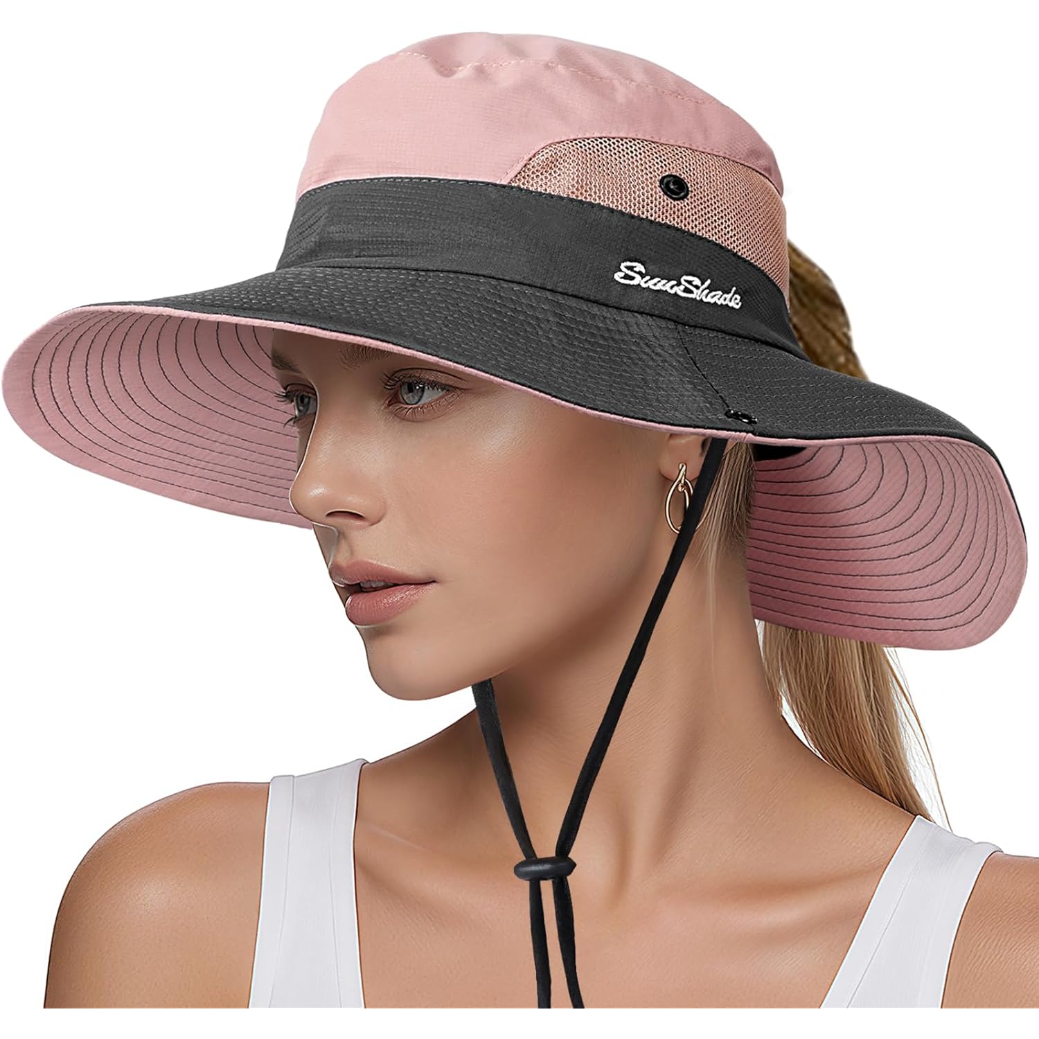 Womens Sun Hat - Sun Hats for Women with Ponytail Hole, Foldable Wide Brim Cooling Mesh Beach Fishing Hat for Outdoor