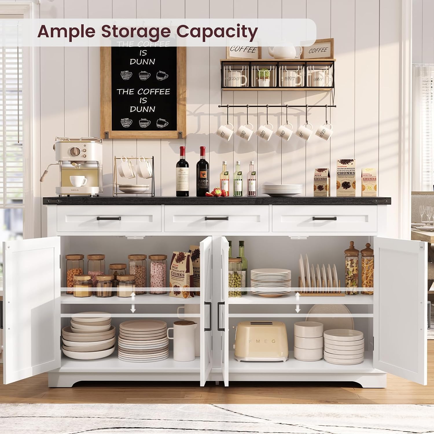 Usikey Large Sideboard Buffet Cabinet With 4 Doors And 3 Drawers, Farmhouse Buffet Table, Dining Room Storage Cabinet For Kitchen Or Living Room, White
