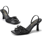 Bow Kitten Heels For Women Square Toe Mesh Sandals Knots Heels Open Toe Dressy For Wedding Party