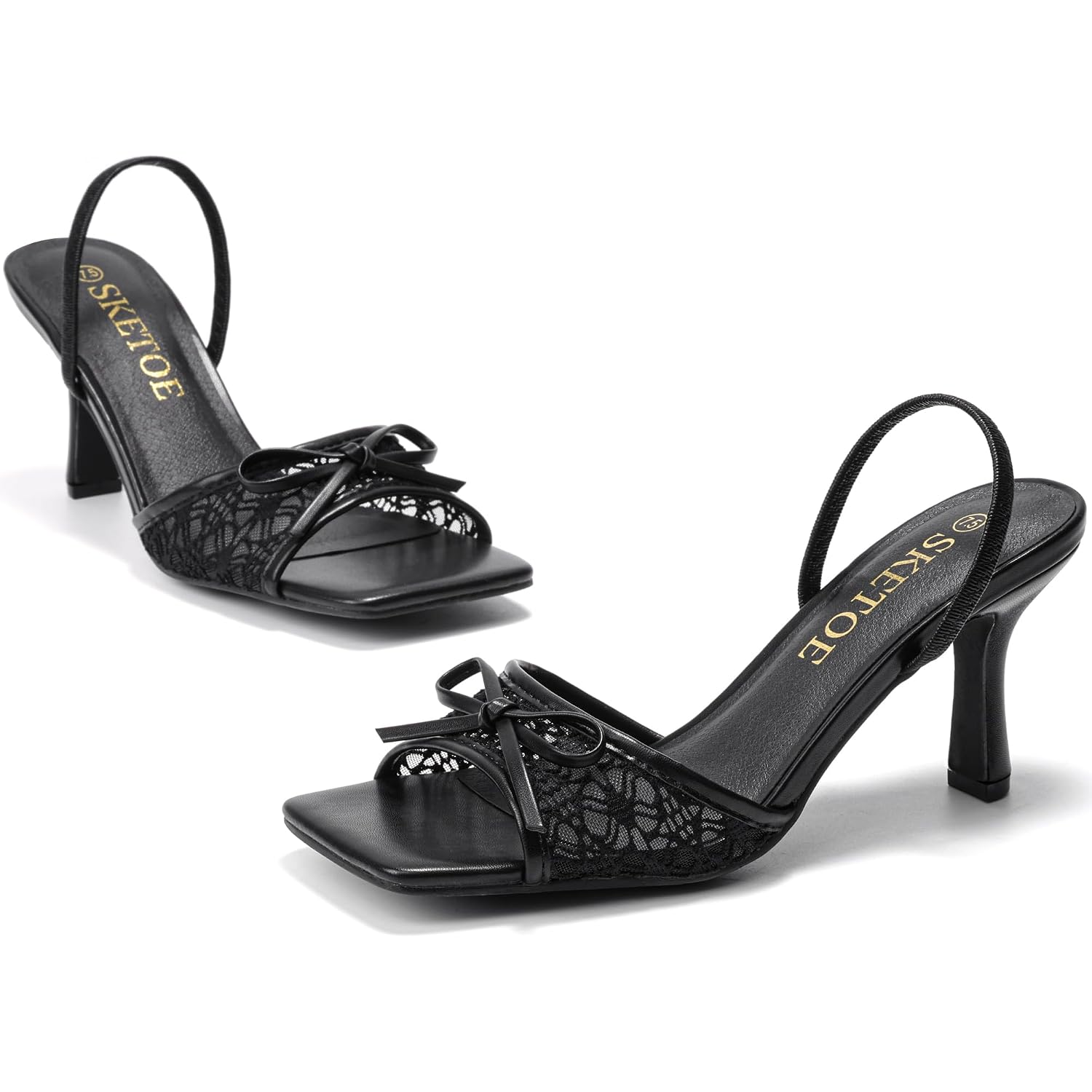 Bow Kitten Heels For Women Square Toe Mesh Sandals Knots Heels Open Toe Dressy For Wedding Party