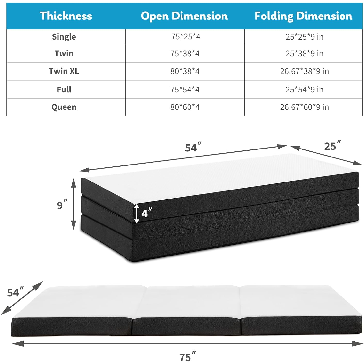 Folding Memory Foam Pads, 4" Tri-Fold Full Topper With Washable Cover, Non-Slip Portable Guest Floor Bed For Travel Camping