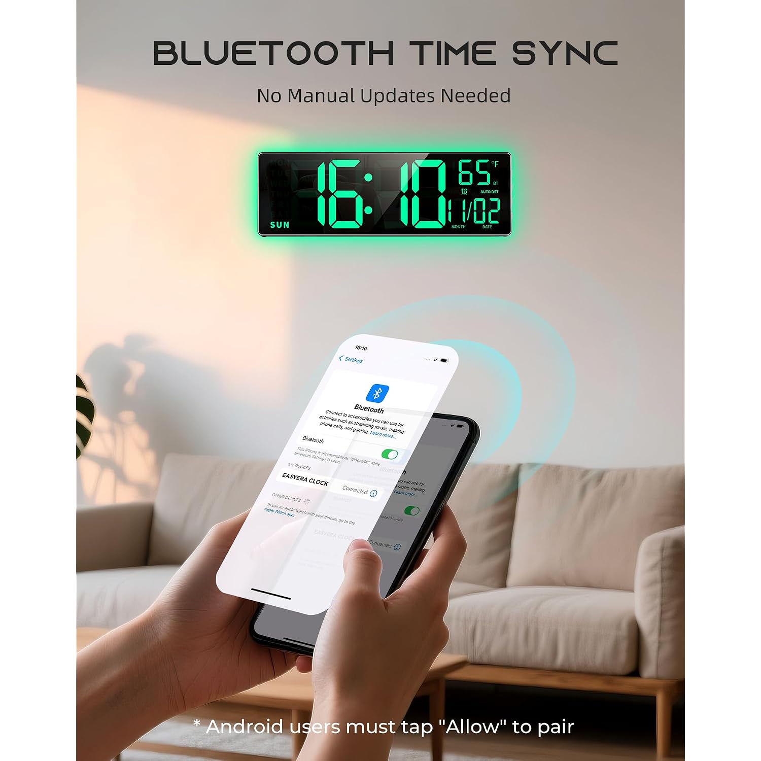 Easyera 16.5" Large Digital Wall Clock With Bt Sync, Rgb Lights With 11 Scenes Mode Remote Control, Dual Alarms With Big Led Display, Auto Dst, Temperature For Classroom Gaming