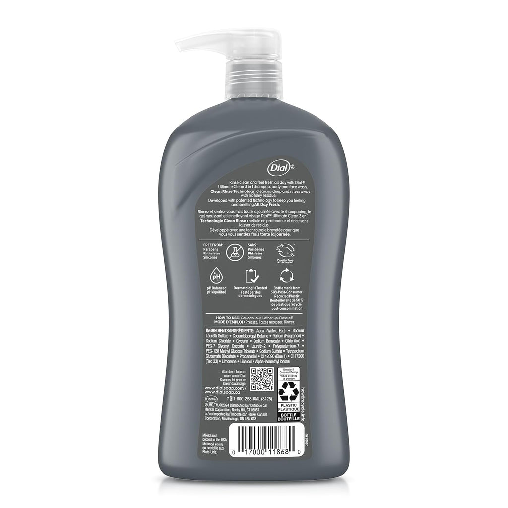 Dial Men 3In1 Body, Hair And Face Wash, Ultimate Clean, 32 Fl Oz