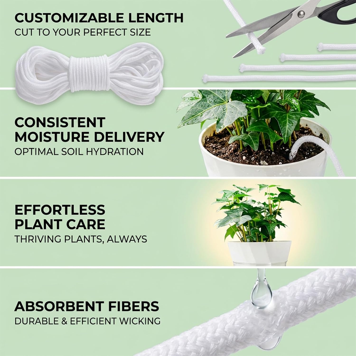 Maqihan Wicking Rope For Plants - 50 Feet 1/4 Inch Self Watering Wick Cord | Water Wicks, Cotton Rope, Plant Wicks, Diy Vacation Watering System, Capillary Wick For Garden, Orchid, Tomato, Potted Plants