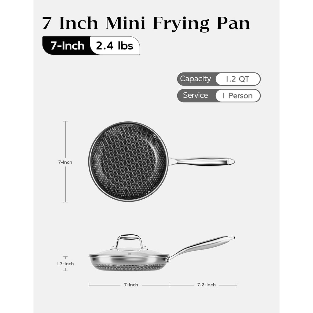 Nonstick Frying Pan With Lid 7-Inch, Durable Stainless Steel Skillet, Induction Cooktop Compatible, Pfoa-Free Scratch-Proof, Dishwasher & Oven Safe, Stay-Cool Handle, Silver Kitchen Cookware