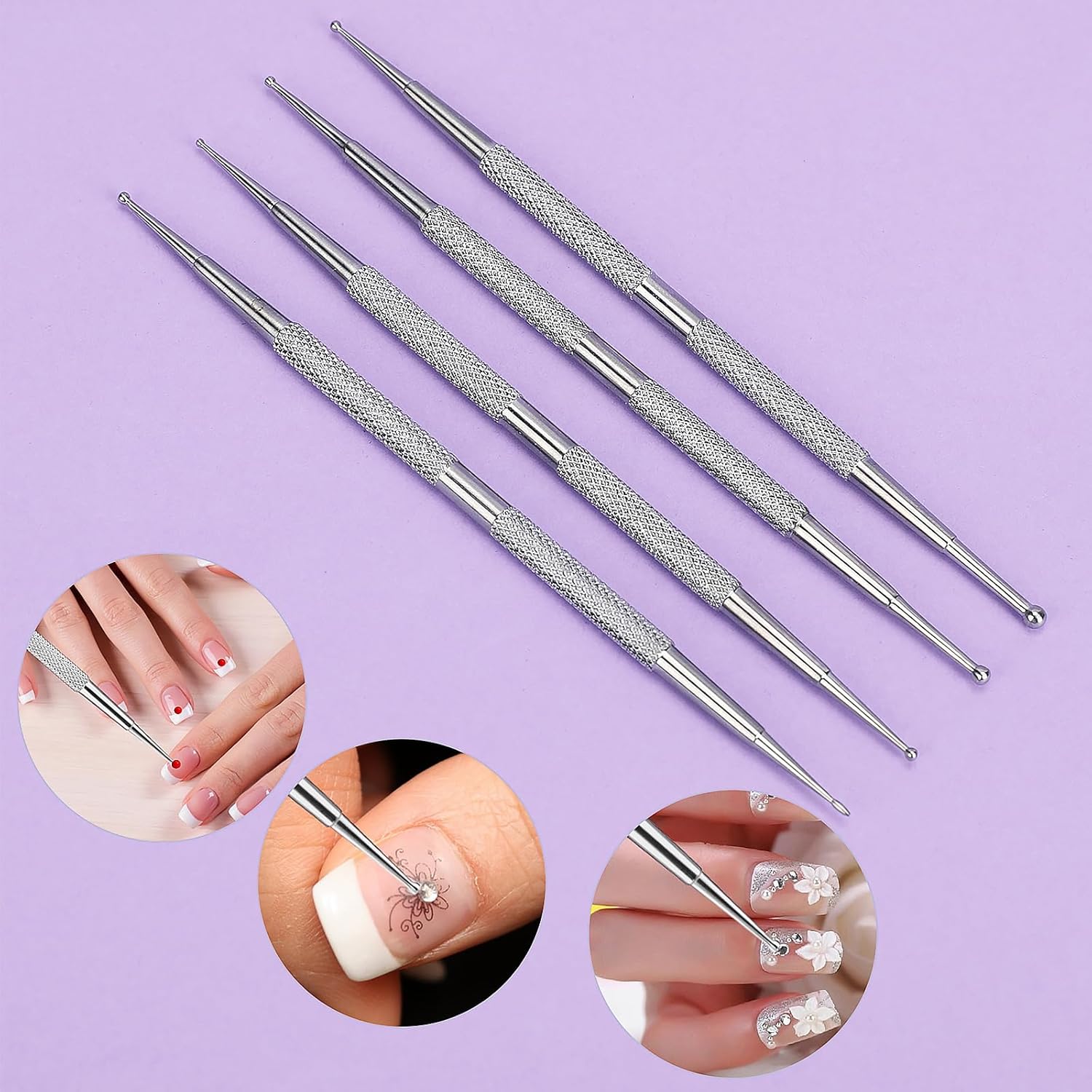 Jeffdad Nail Dotting Tool, 4 Pcs Professional Double-ended Nail Art Tools with Box, Dot Pen Metal Dot pen Nail Polish Paint Pen Dot Diamond Pattern Stainless Steel Dotting Tools Nail art(silver)